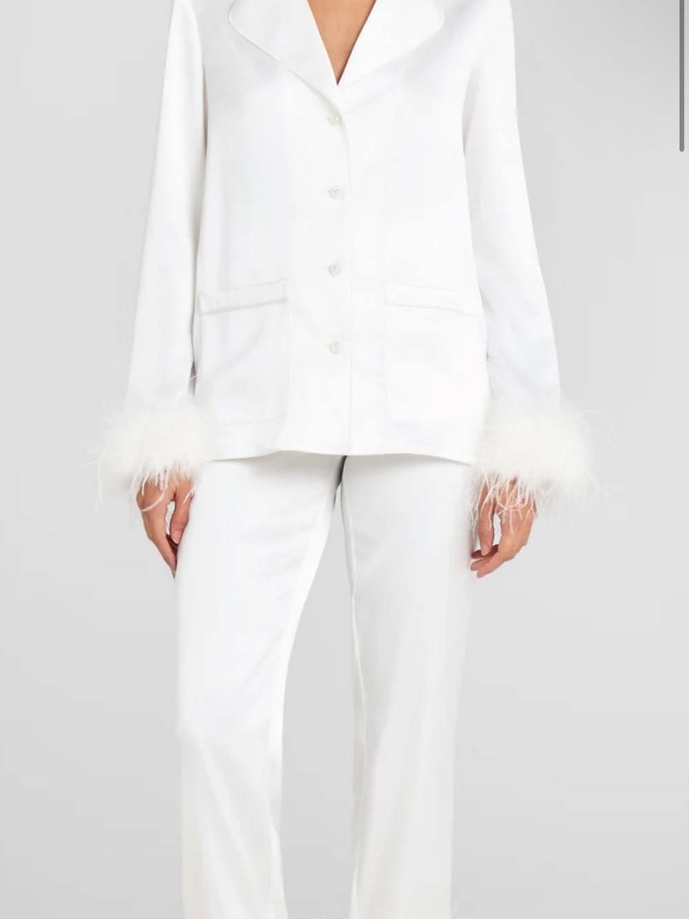 Nadine Merabi White Feather Cuff Button-Front Pajama Jacket and Pants Set